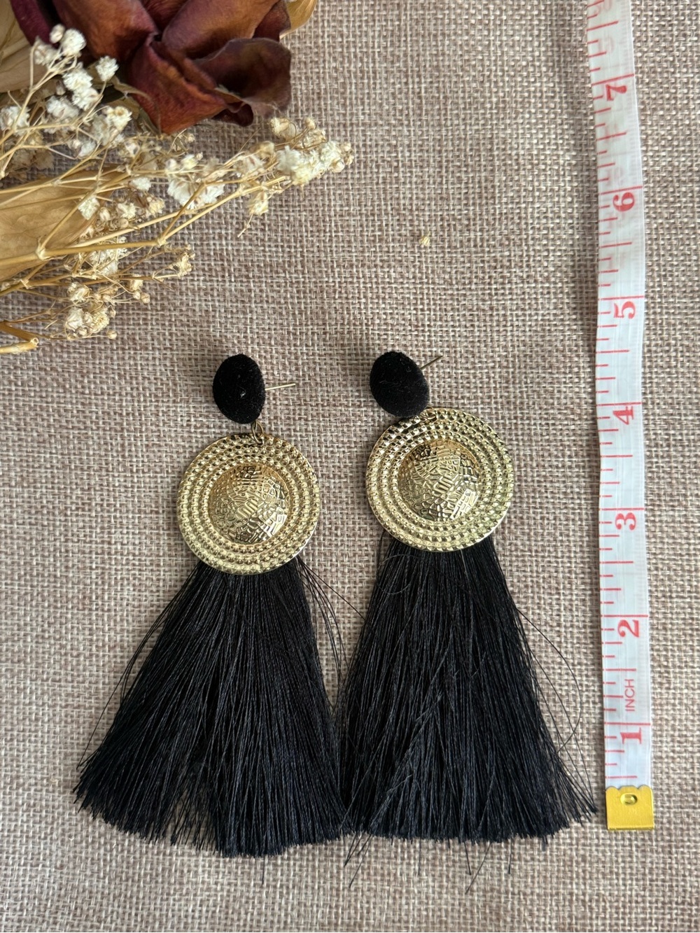 Gold Medallion Black Tassel Drop Earrings - Women Jewelry